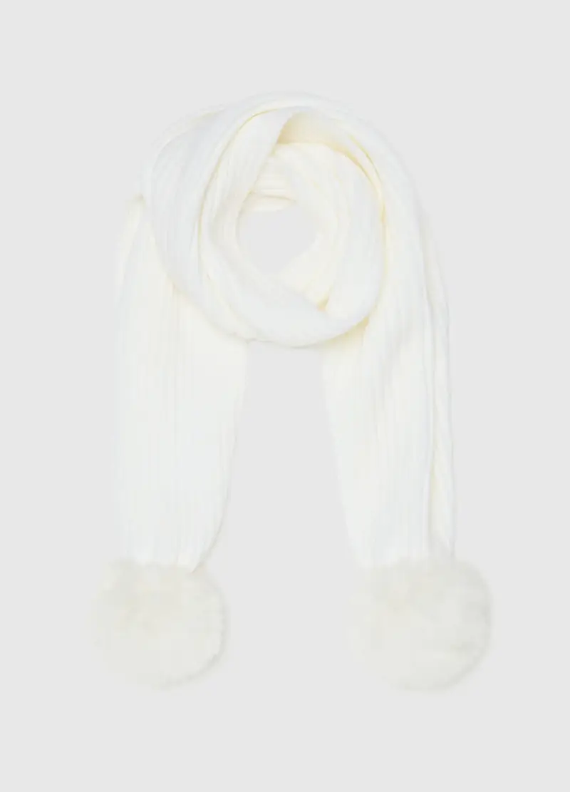 Sciarpa Bianca A Coste Da Bambina Con Pompon, Bianco miniatura 2