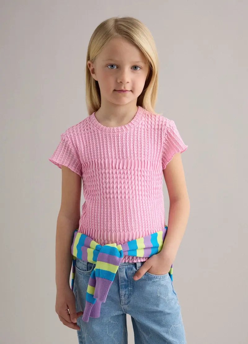 T-shirt A Maniche Corte Rosa Da Bambina Regular Fit Con Texture A Rete, Rosa miniatura 2