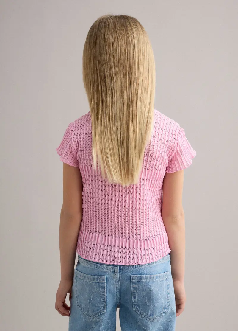 T-shirt A Maniche Corte Rosa Da Bambina Regular Fit Con Texture A Rete, Rosa miniatura 3