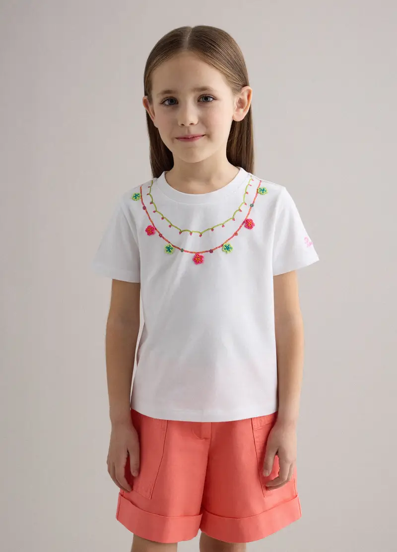 T-shirt In Cotone Elasticizzato Bianco Da Bambina Con Perline, Bianco miniatura 2