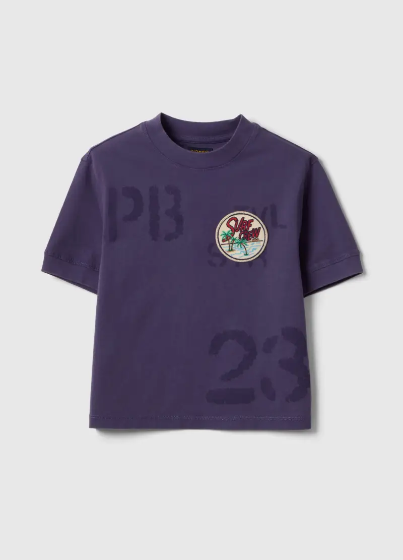 T-shirt In Puro Cotone Viola Da Bambino Regular Fit Con Patch, Viola