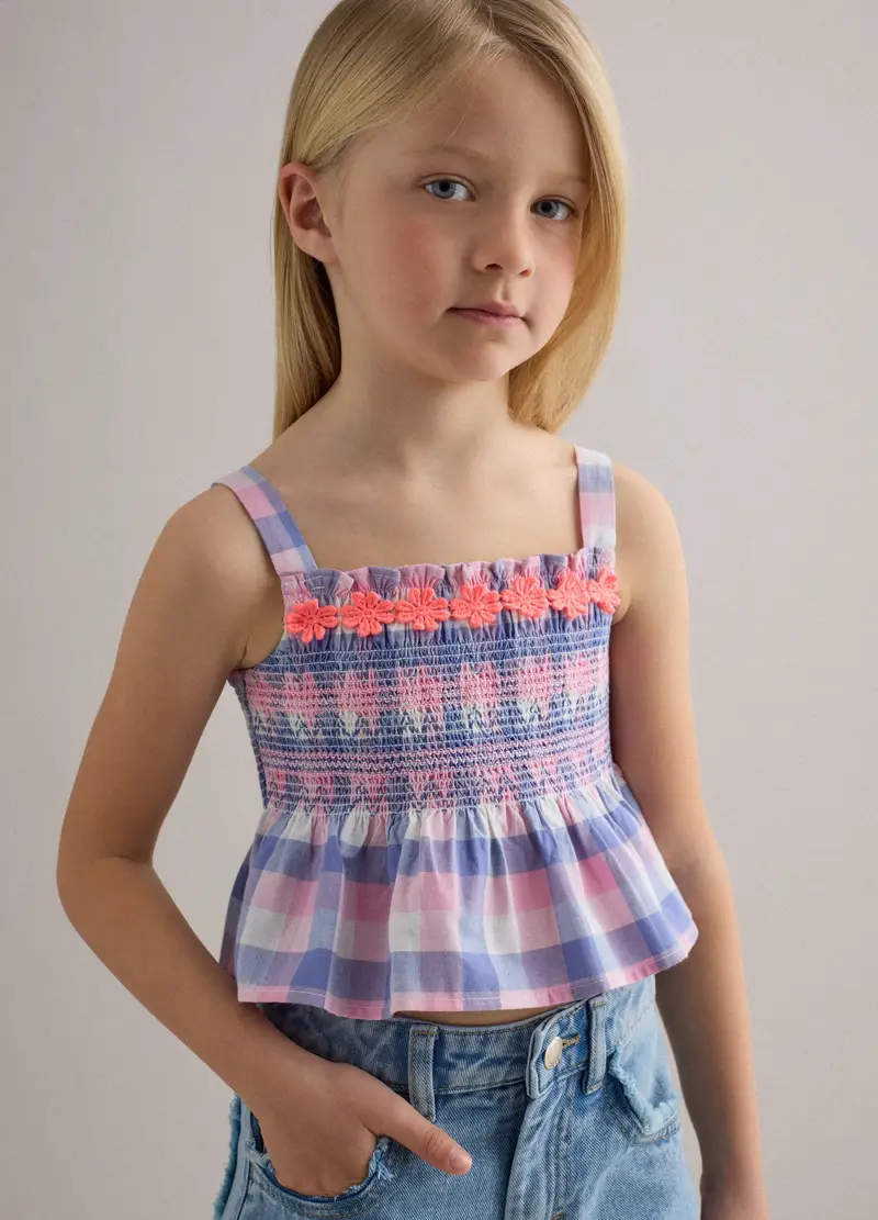Tank Top In Puro Cotone A Quadri Multicolor Da Bambina Regular Fit, Multicolor