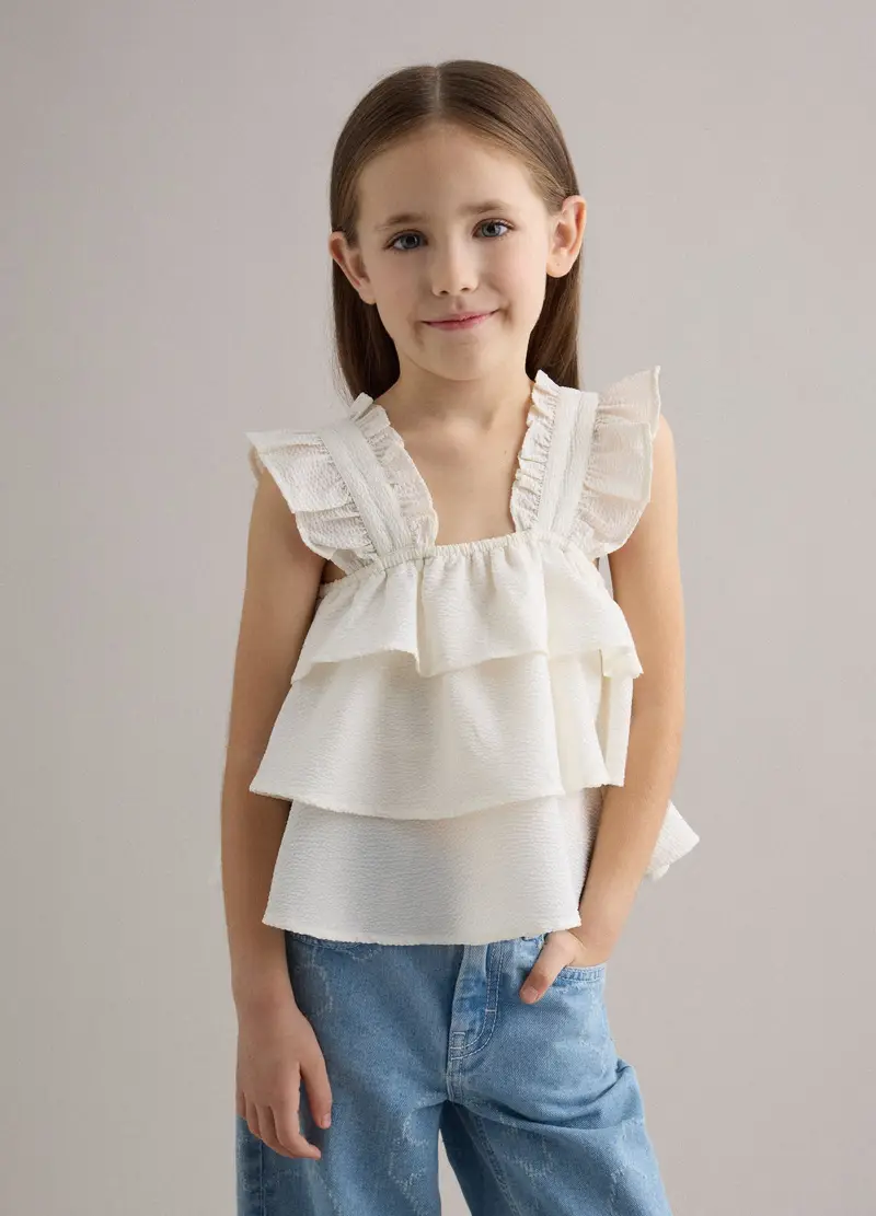 Top Bianco Da Bambina Regular Fit Con Volant, Bianco