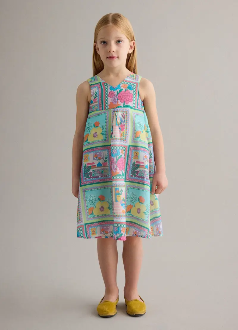 Vestito Senza Maniche In Puro Cotone Multicolor Da Bambina Con Fiori, Multicolor