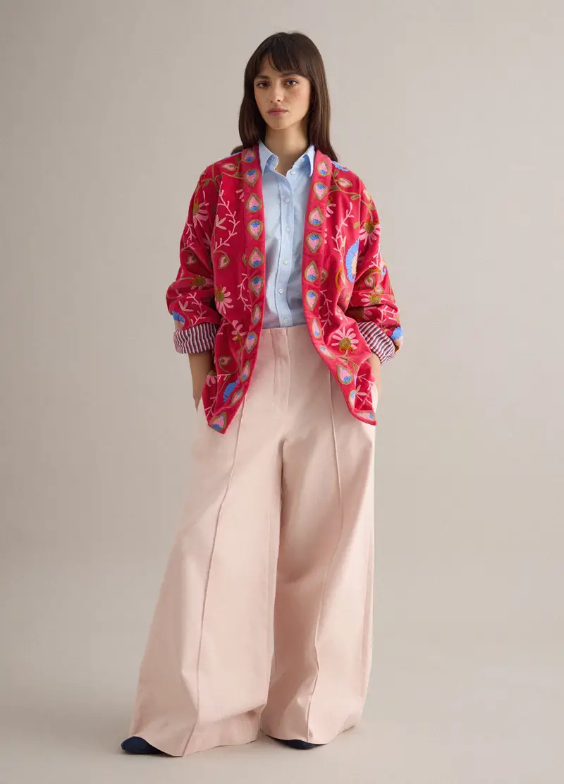 Kimono In Puro Cotone Multicolor Oversize Fit Con Ricami Floreali, Donna, Multicolor miniatura 2