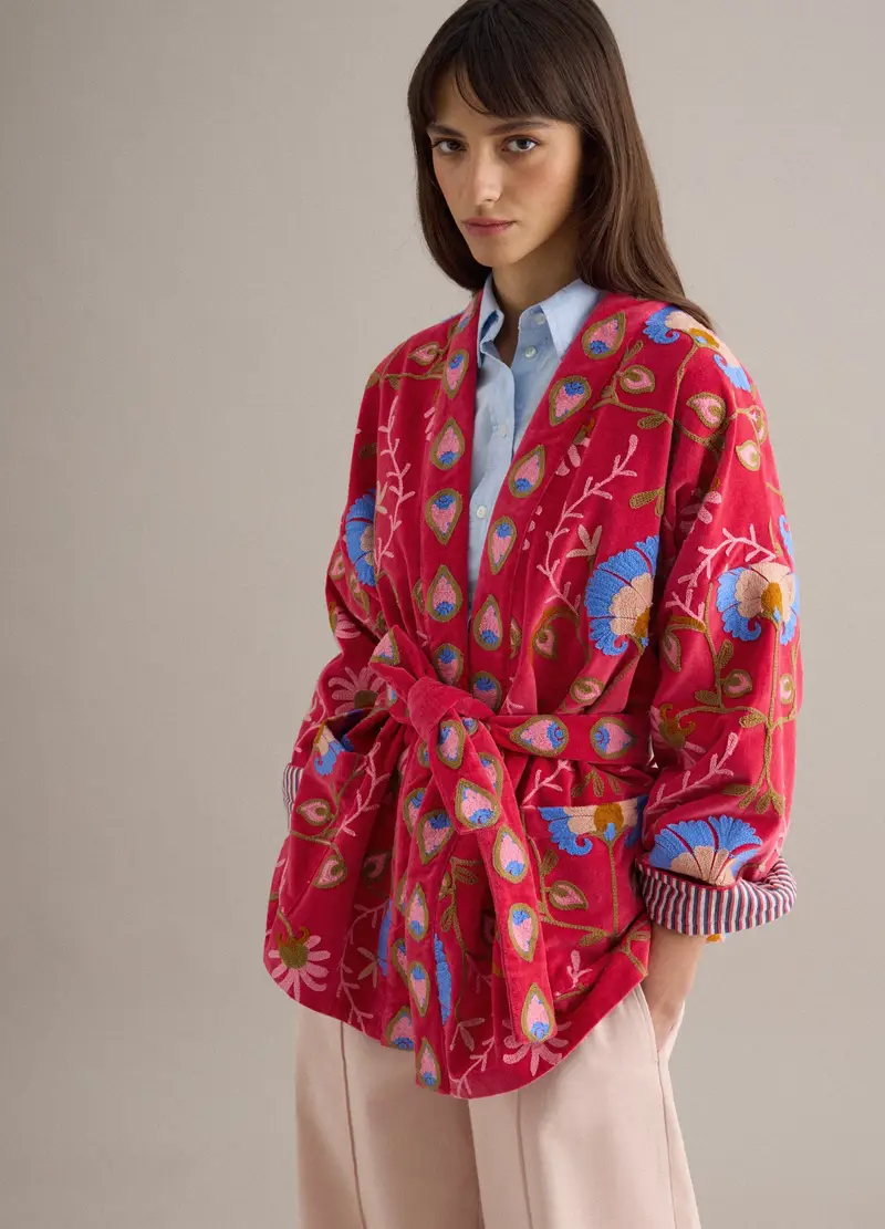 Kimono In Puro Cotone Multicolor Oversize Fit Con Ricami Floreali, Donna, Multicolor
