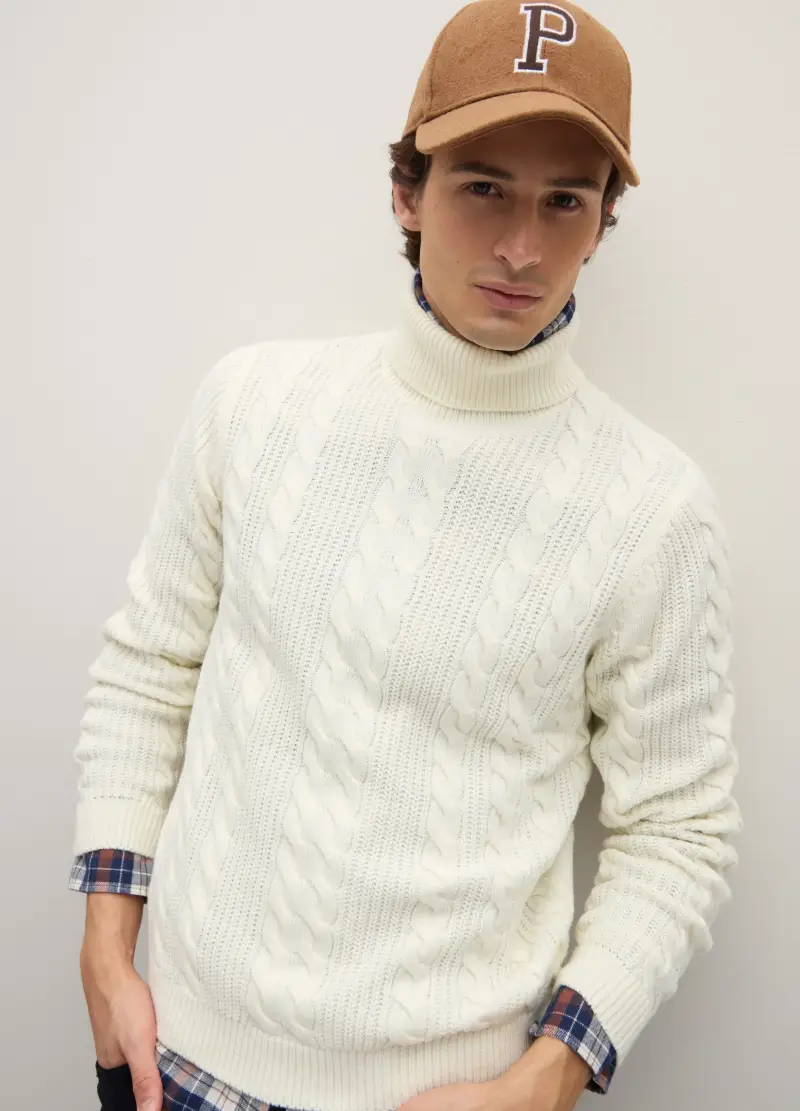 Maglione A Collo Alto Bianco Regular Fit Con Motivo Jacquard, Uomo, Bianco