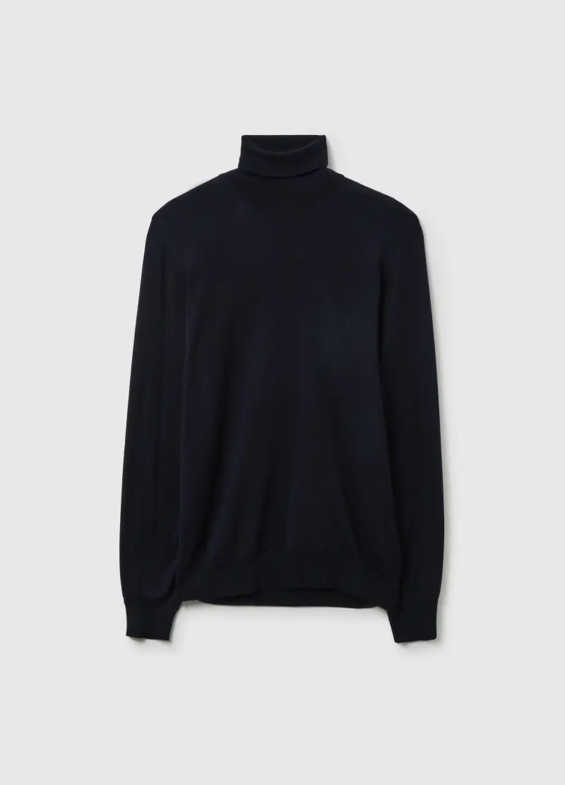 Maglione A Collo Alto Blu In Pura Lana Merino Regular Fit, Uomo, Blu