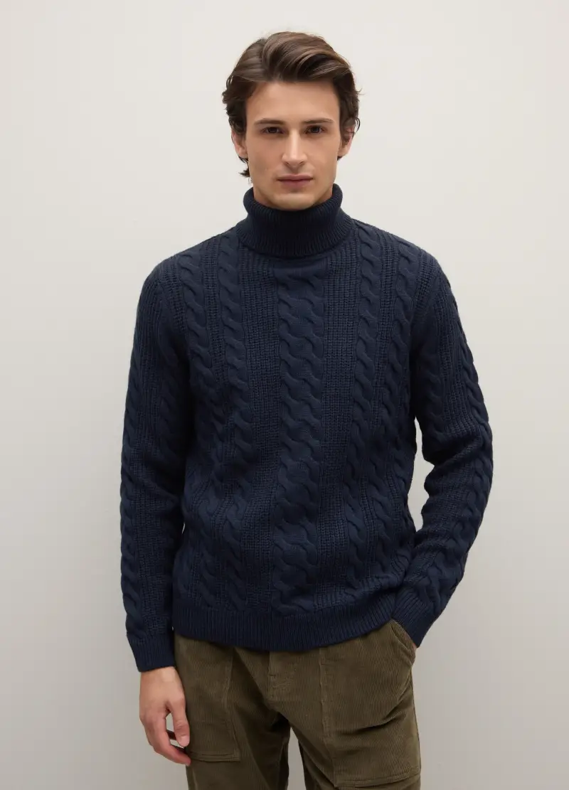 Maglione A Collo Alto Blu Regular Fit Con Motivo Jacquard, Uomo, Blu miniatura 2