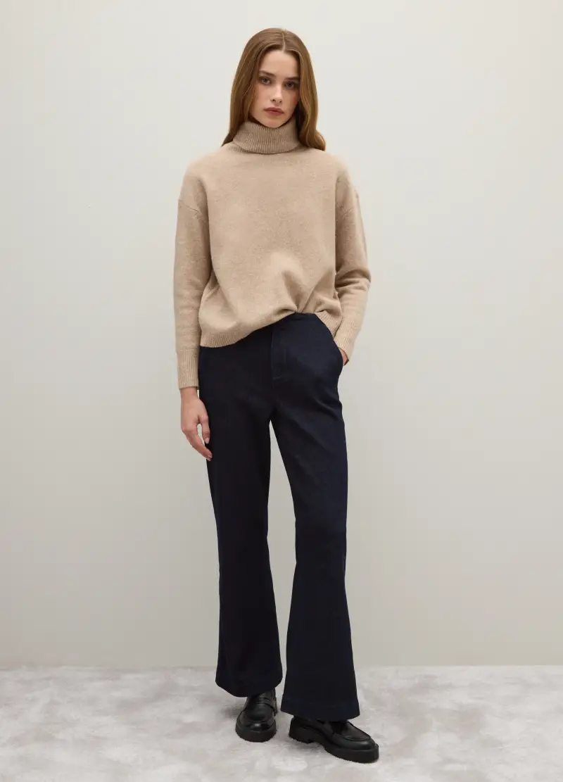 Maglione A Collo Alto In Pura Lana Beige Regular Fit, Donna, Beige