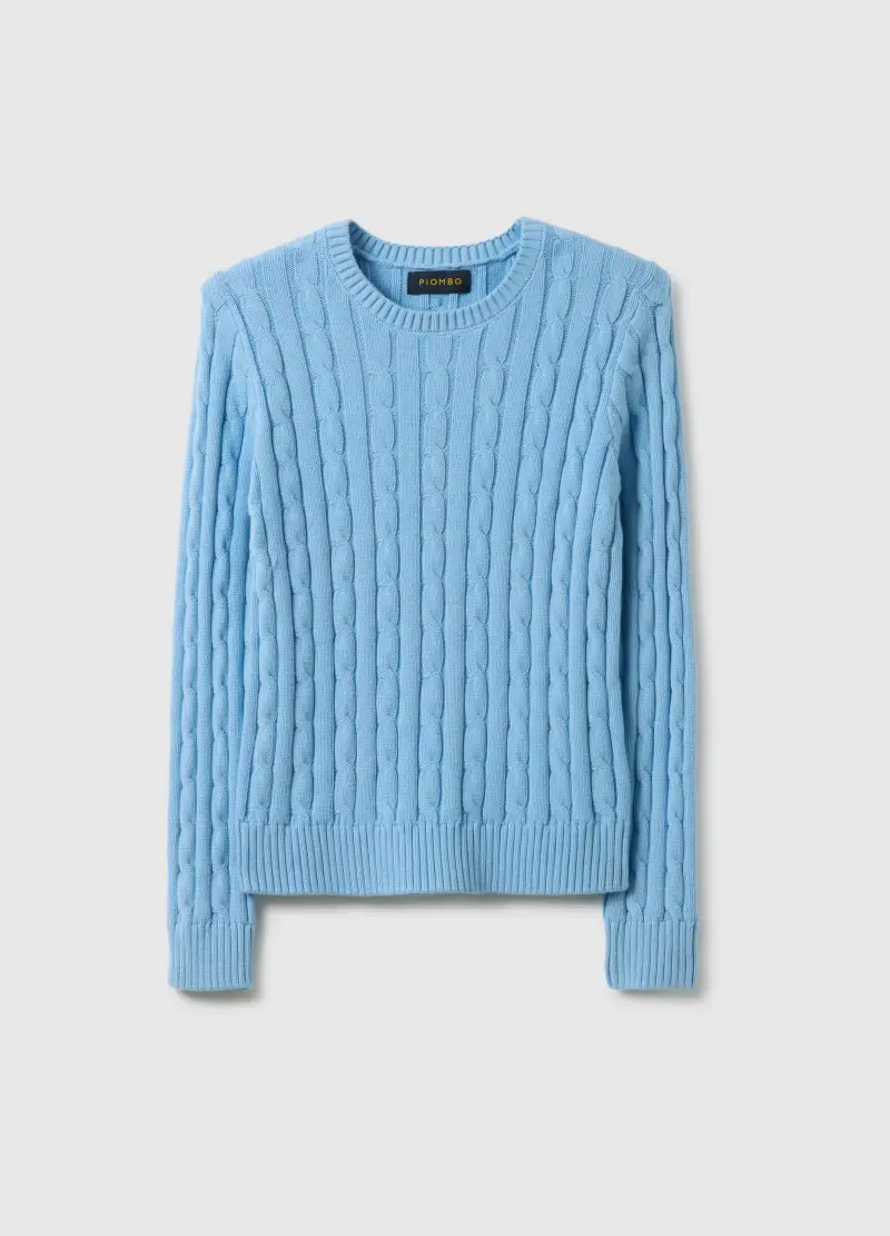 Maglione Azzurro In Puro Cotone Regular Fit Con Lavorazione A Treccia, Donna, Azzurro