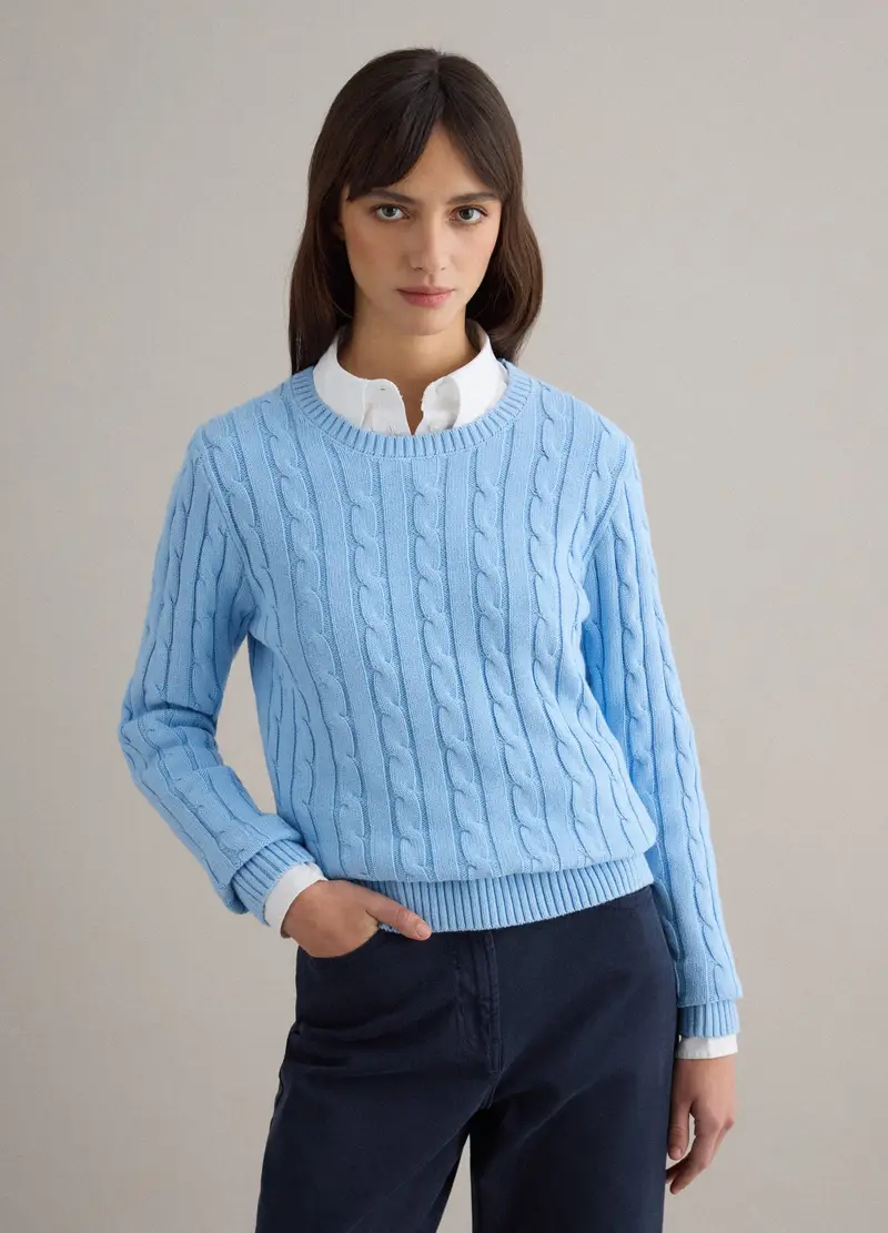 Maglione Azzurro In Puro Cotone Regular Fit Con Lavorazione A Treccia, Donna, Azzurro miniatura 2