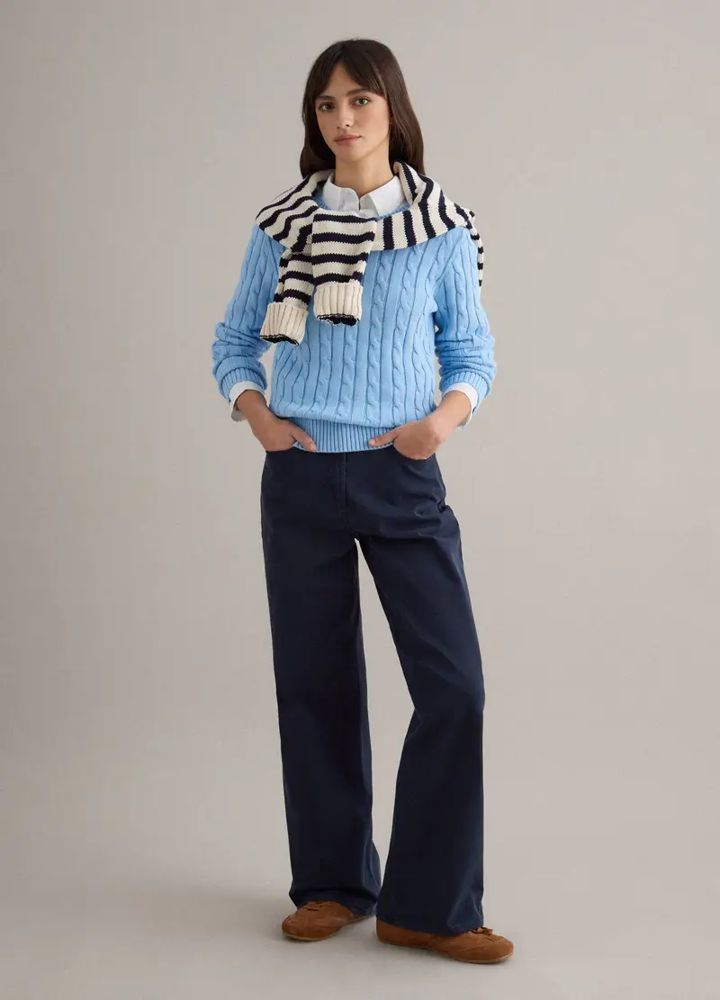 Maglione Azzurro In Puro Cotone Regular Fit Con Lavorazione A Treccia, Donna, Azzurro