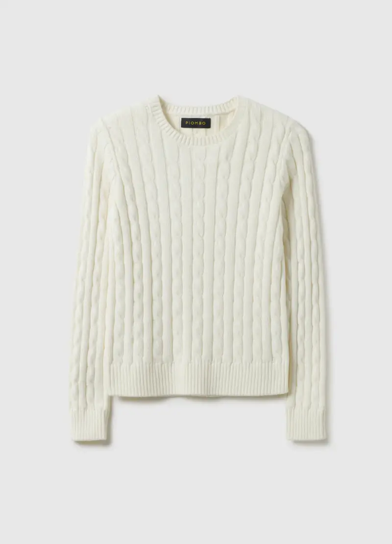 Maglione Bianco In Puro Cotone Regular Fit Con Lavorazione A Treccia, Donna, Bianco