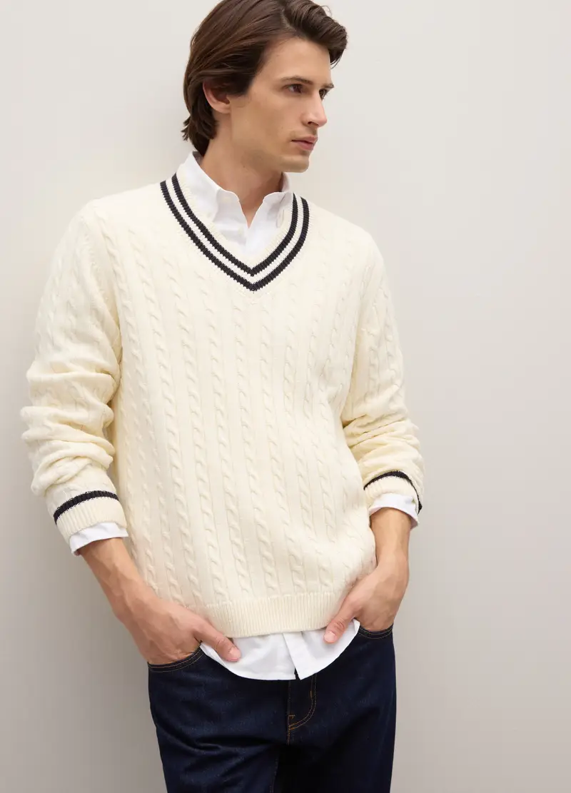 Maglione Bianco Panna Con Scollo A V In Misto Cotone, Uomo, Bianco