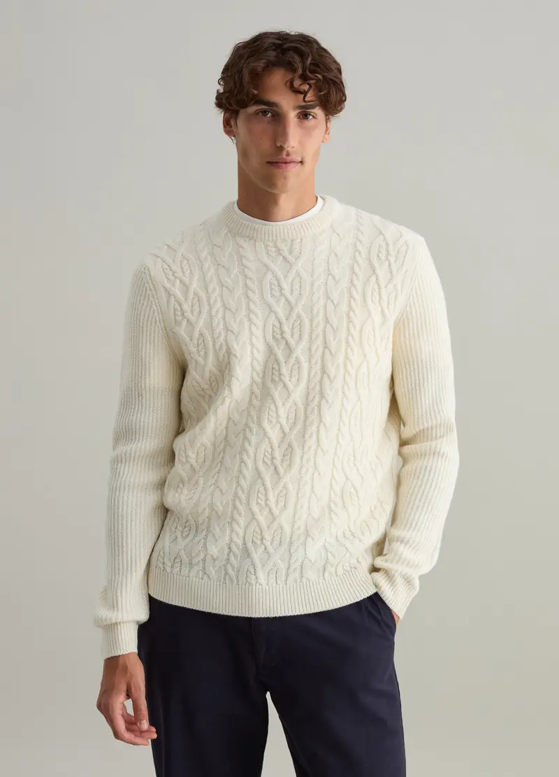 Maglione Bianco Panna Con Trecce In Misto Lana, Uomo, Bianco