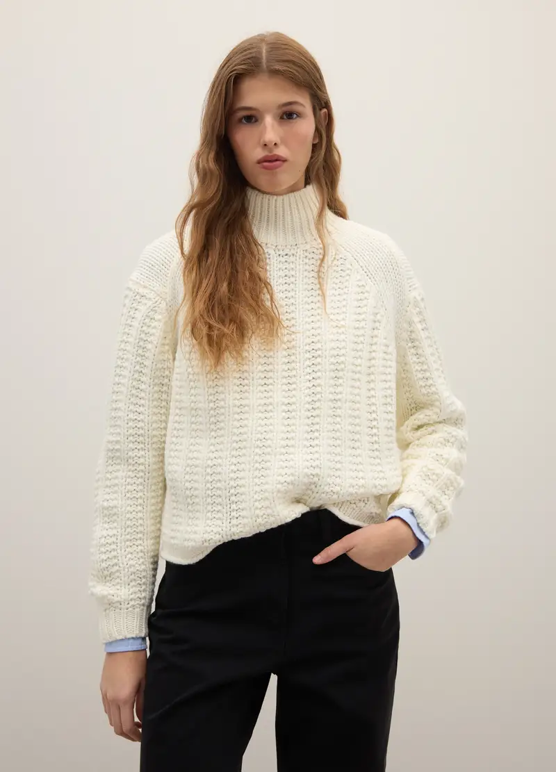 Maglione Bianco Regular Fit Con Motivo Jacquard E Collo Vulcan, Donna, Bianco miniatura 3