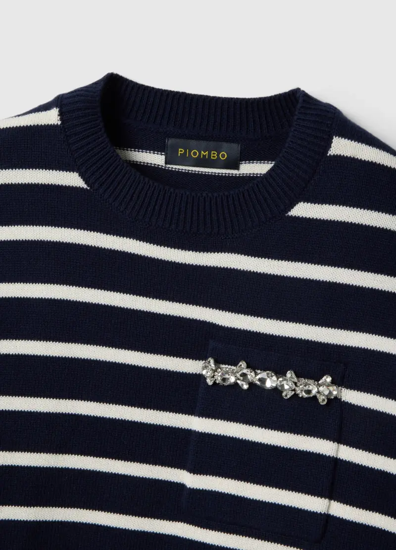 Maglione Blu A Righe Bianche In Puro Cotone Regular Fit, Donna, Multicolor miniatura 2