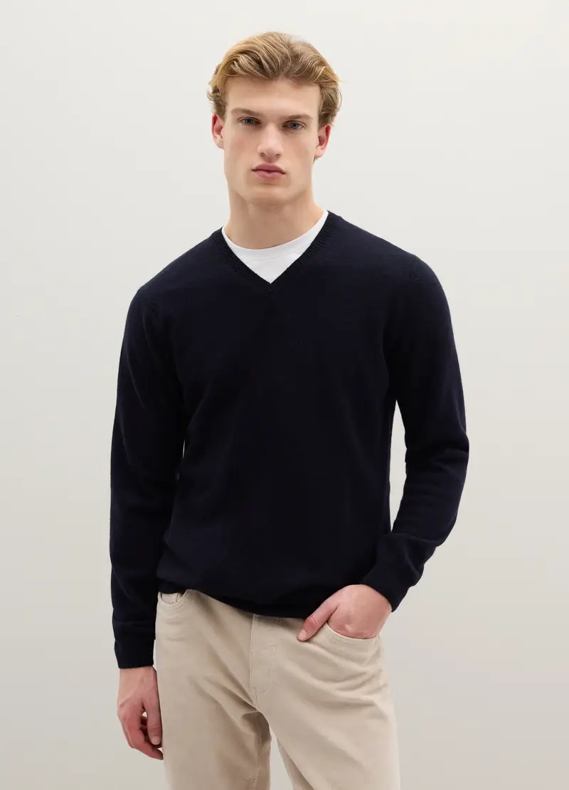 Maglione Blu Con Scollo A V In Pura Lana Lambswool, Uomo, Blu miniatura 2
