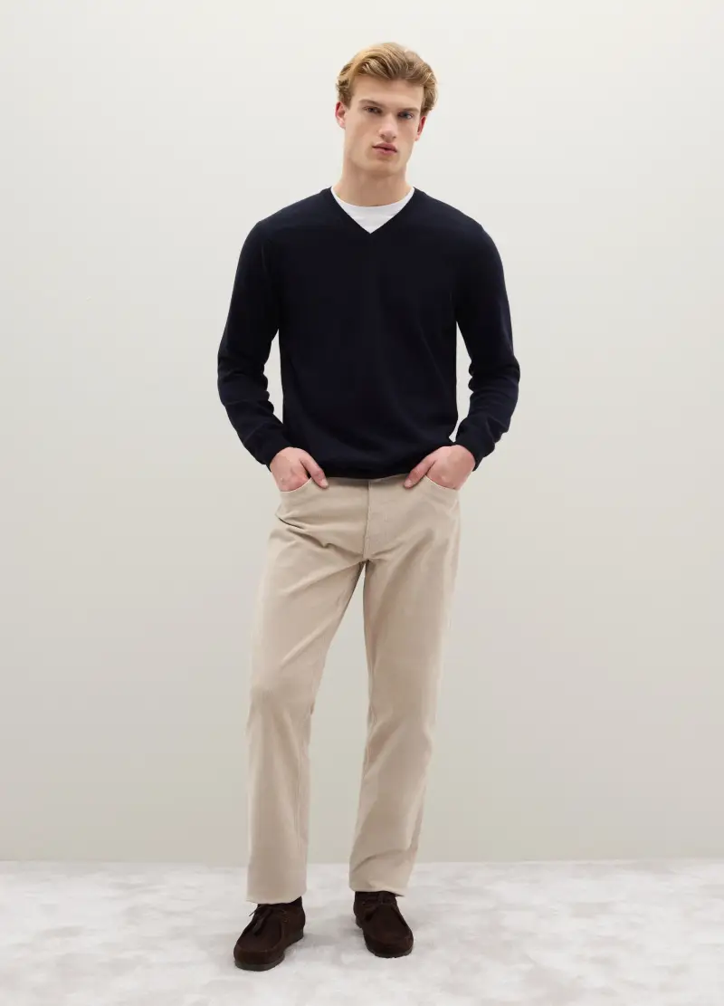 Maglione Blu Con Scollo A V In Pura Lana Lambswool, Uomo, Blu