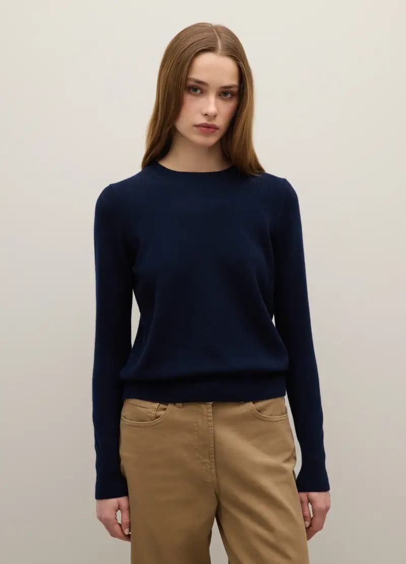 Maglione Blu Girocollo In Puro Cashmere Regular Fit, Donna, Blu miniatura 3