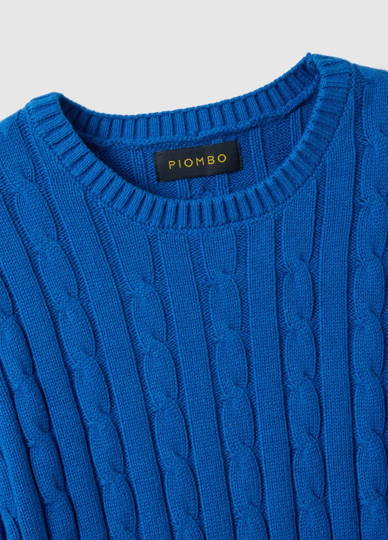 Maglione Blu In Puro Cotone Regular Fit Con Lavorazione A Treccia, Donna, Blu miniatura 2