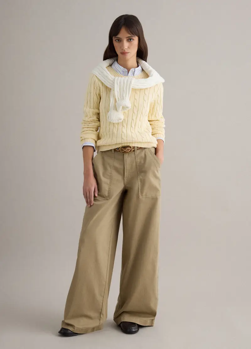 Maglione Giallo In Puro Cotone Regular Fit Con Lavorazione A Treccia, Donna, Giallo miniatura 2