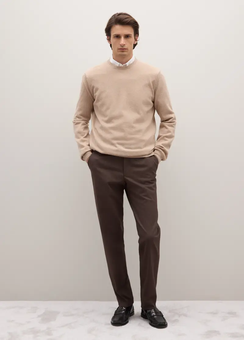 Maglione Girocollo Beige In Pura Lana Lambswool, Uomo, Beige miniatura 2