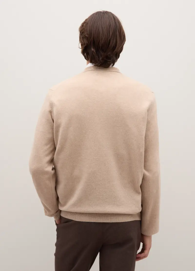 Maglione Girocollo Beige In Pura Lana Lambswool, Uomo, Beige miniatura 3