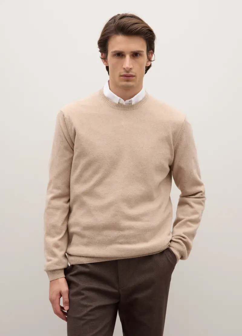 Maglione Girocollo Beige In Pura Lana Lambswool, Uomo, Beige
