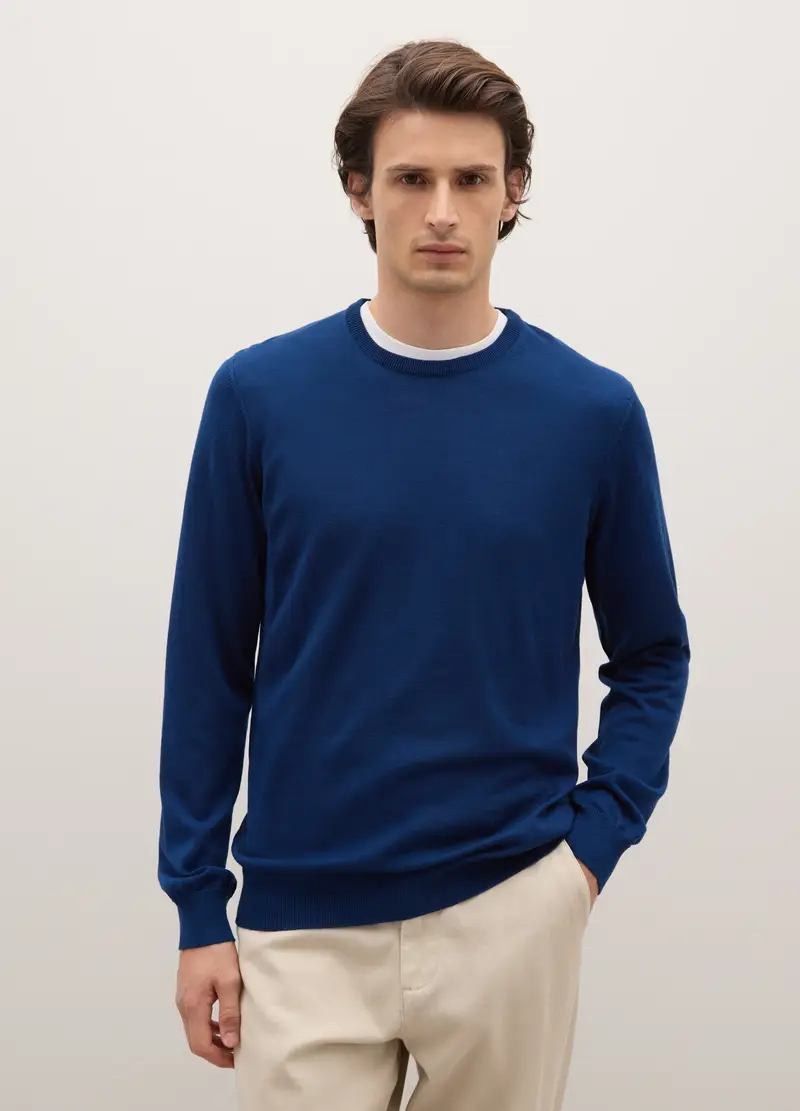 Maglione Girocollo Blu Navy In Pura Lana Merino, Uomo, Blu miniatura 3