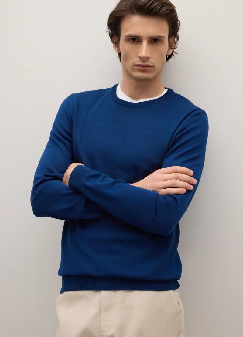 Maglione Girocollo Blu Navy In Pura Lana Merino, Uomo, Blu