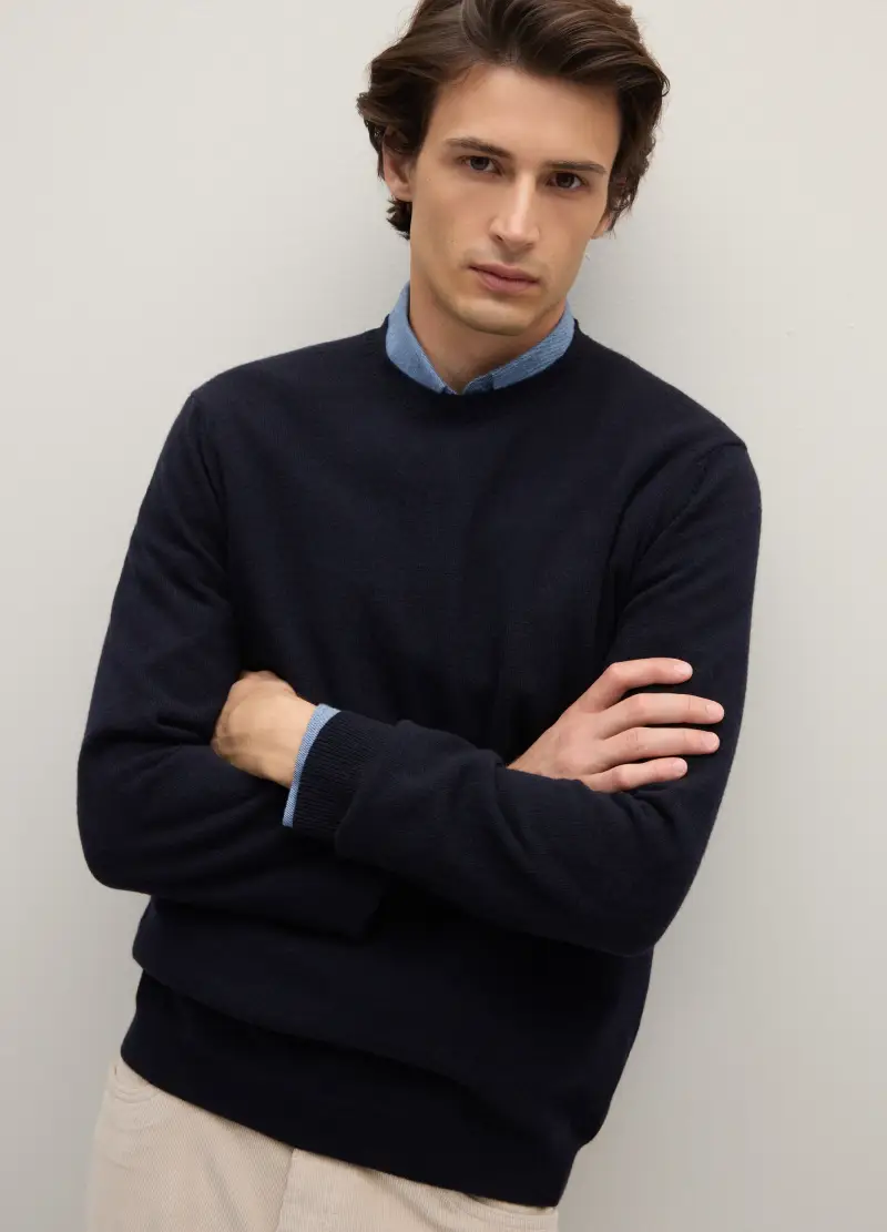 Maglione Girocollo Blu Scuro In Pura Lana Lambswool, Uomo, Blu