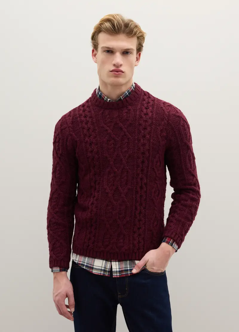 Maglione Girocollo Bordeaux In Misto Lana, Uomo, Rosso miniatura 2