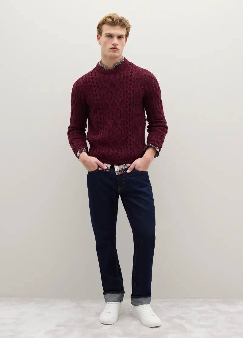 Maglione Girocollo Bordeaux In Misto Lana, Uomo, Rosso