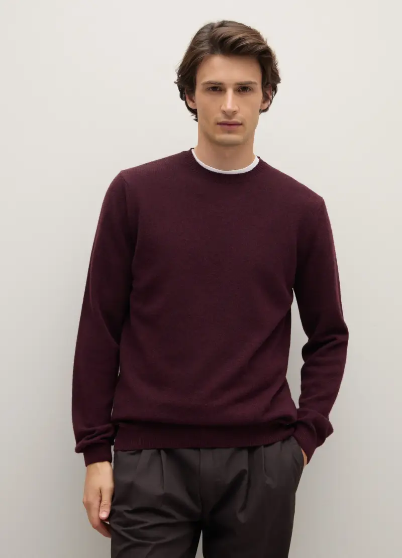 Maglione Girocollo Bordeaux In Pura Lana Lambswool, Uomo, Rosso miniatura 3