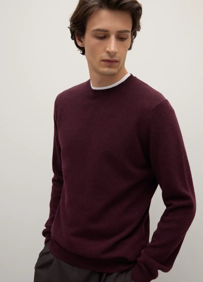 Maglione Girocollo Bordeaux In Pura Lana Lambswool, Uomo, Rosso