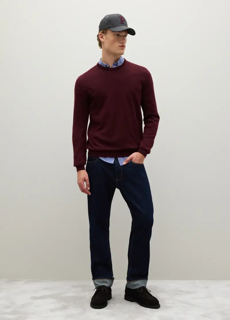 Maglione Girocollo Bordeaux In Pura Lana Merino, Uomo, Rosso miniatura 2