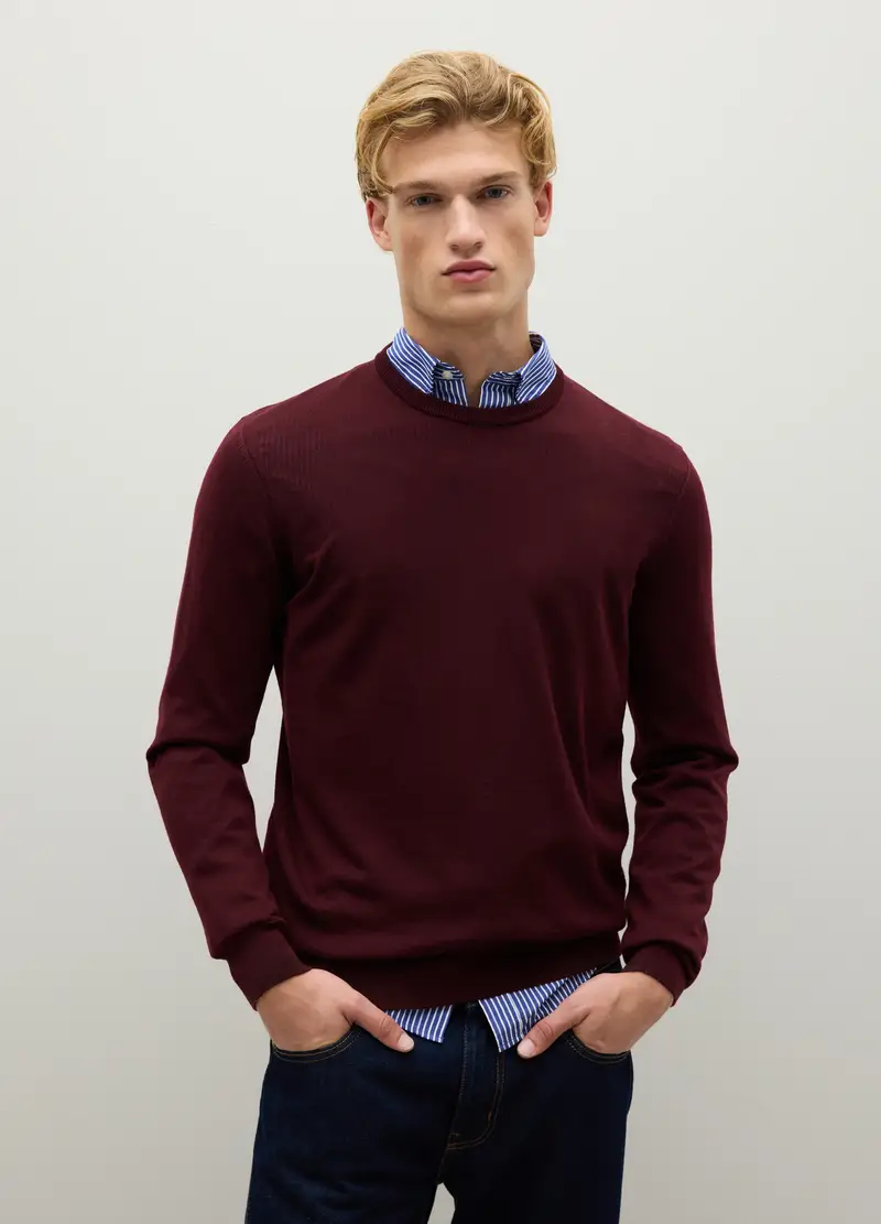 Maglione Girocollo Bordeaux In Pura Lana Merino, Uomo, Rosso miniatura 3