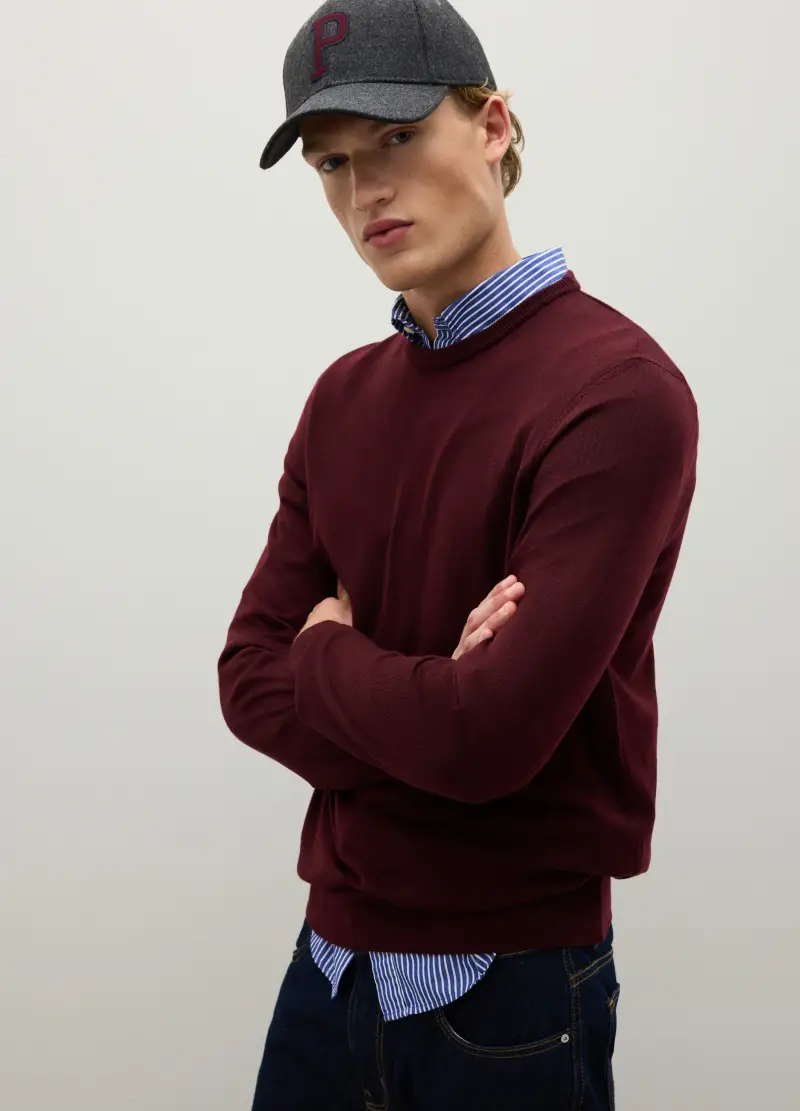 Maglione Girocollo Bordeaux In Pura Lana Merino, Uomo, Rosso