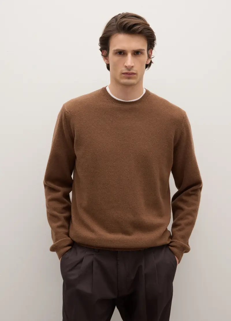 Maglione Girocollo Cammello In Pura Lana Lambswool, Uomo, Marrone