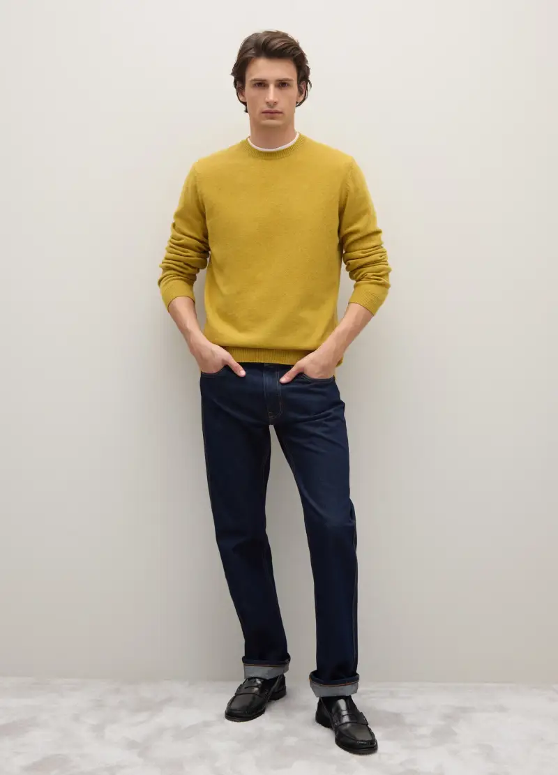 Maglione Girocollo Giallo In Pura Lana Lambswool, Uomo, Giallo