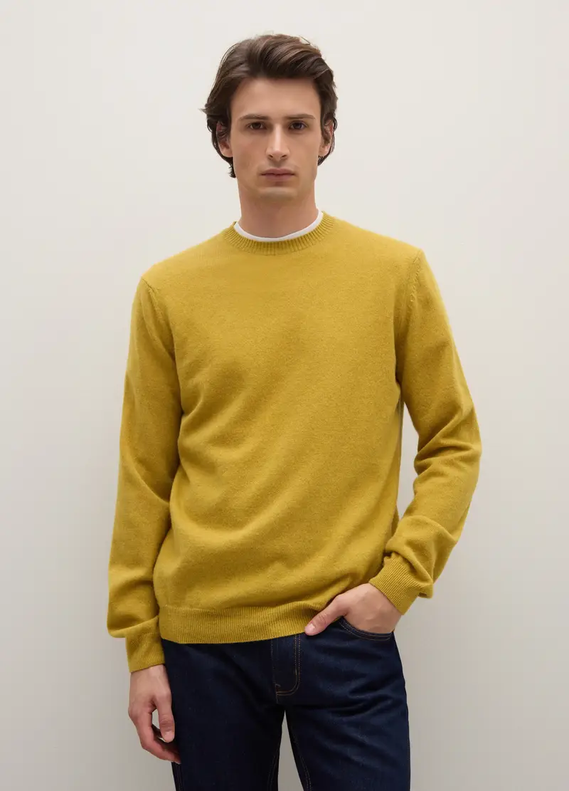 Maglione Girocollo Giallo In Pura Lana Lambswool, Uomo, Giallo miniatura 2