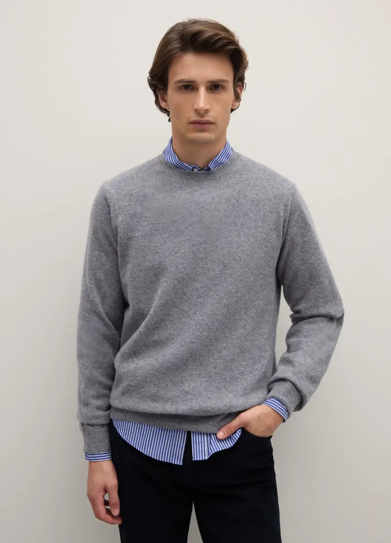 Maglione Girocollo Grigio Chiaro In Pura Lana Lambswool, Uomo, Grigio miniatura 3