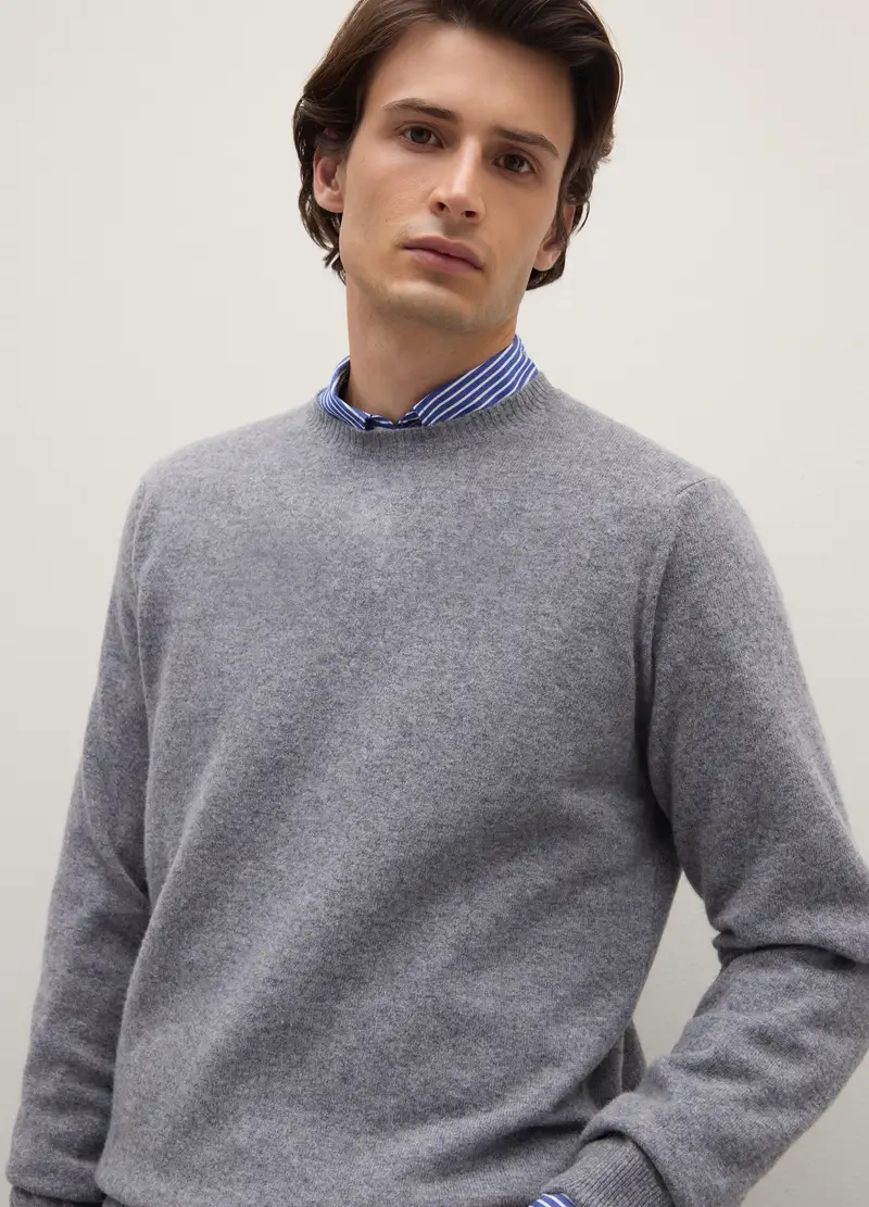 Maglione Girocollo Grigio Chiaro In Pura Lana Lambswool, Uomo, Grigio