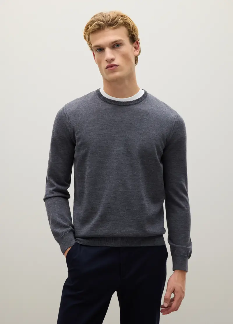Maglione Girocollo Grigio In Pura Lana Merino, Uomo, Grigio miniatura 2