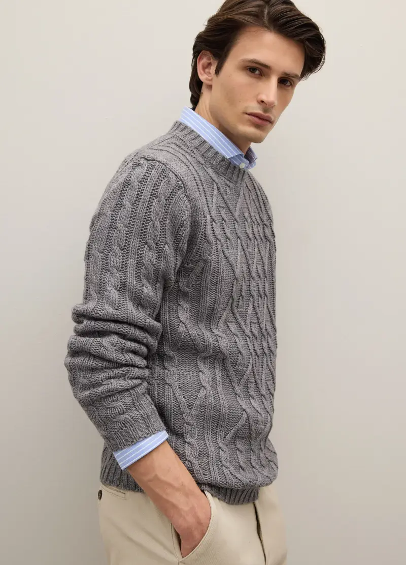 Maglione Girocollo Grigio Regular Fit Con Lavorazione A Trecce, Uomo, Grigio