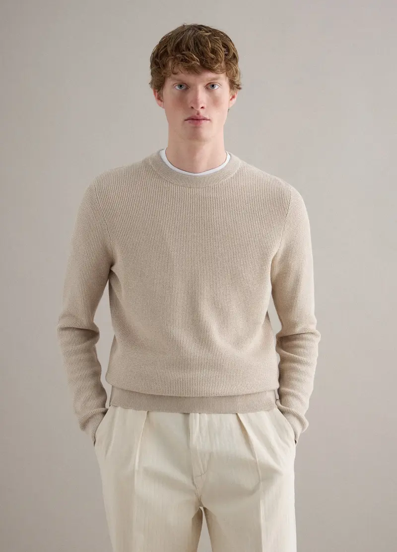 Maglione Girocollo In Puro Cotone Beige Regular Fit, Uomo, Beige miniatura 3