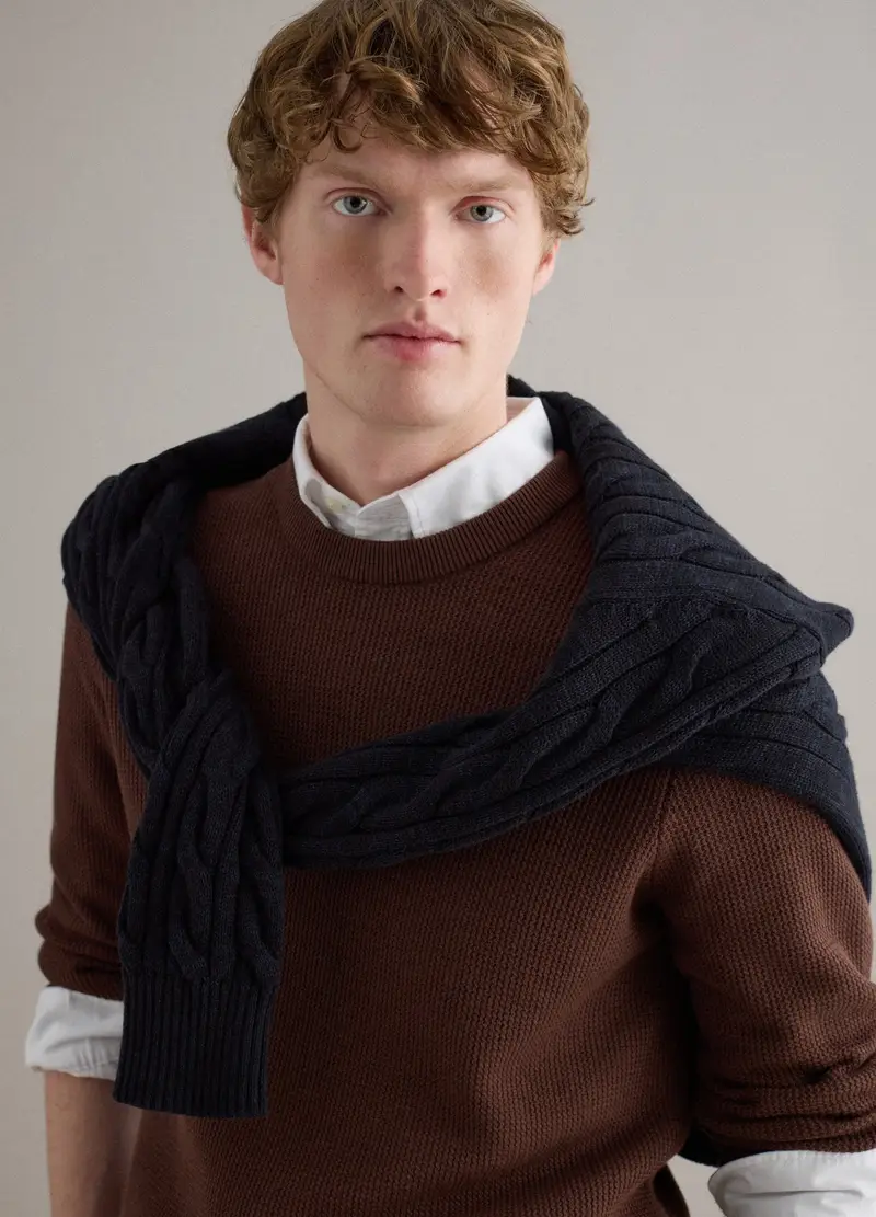 Maglione Girocollo In Puro Cotone Marrone Regular Fit, Uomo, Marrone miniatura 3