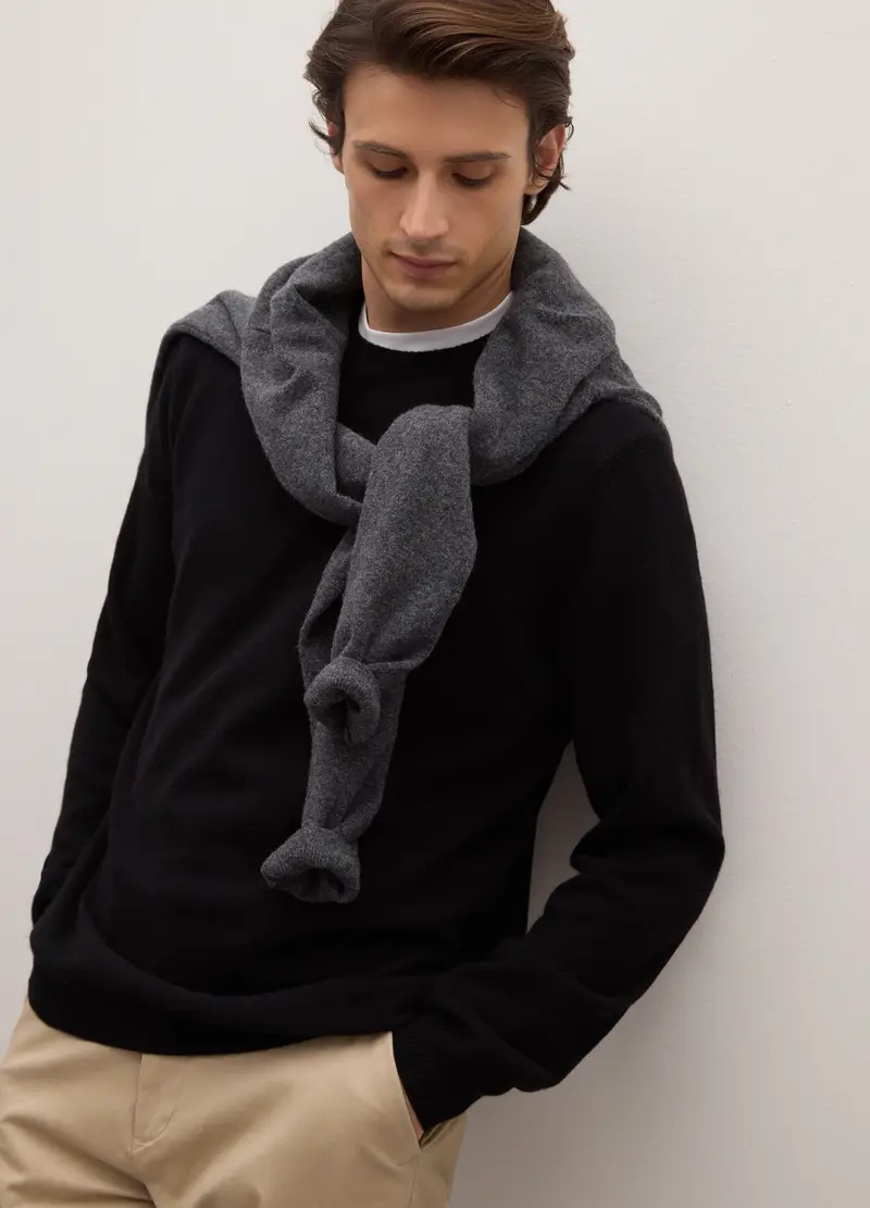 Maglione Girocollo Nero In Pura Lana Lambswool, Uomo, Nero